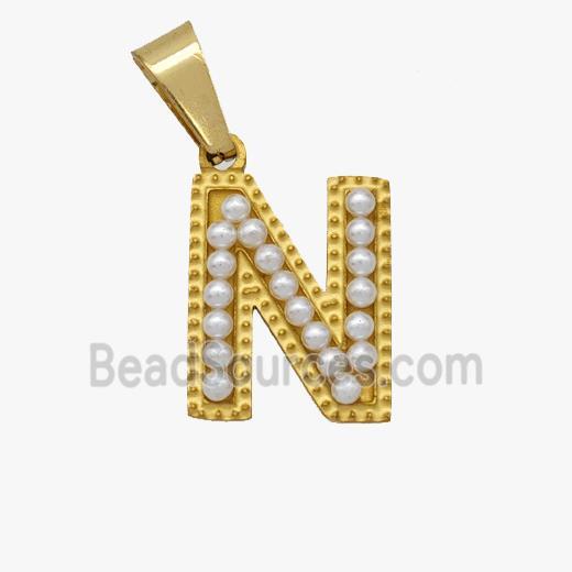 Stainless Steel letter Pendant pave Resin Pearlized Bead, Gold Plated