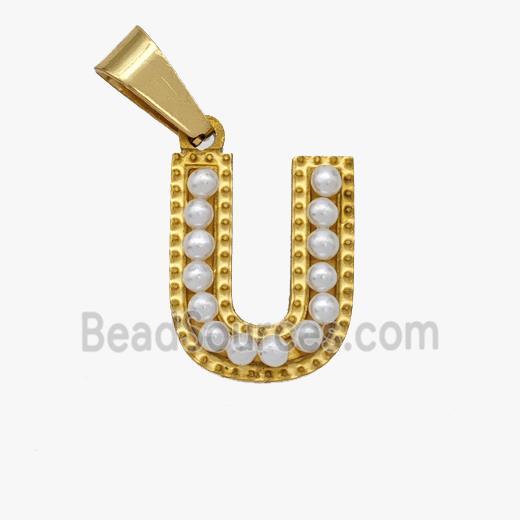 Stainless Steel letter Pendant pave Resin Pearlized Bead, Gold Plated