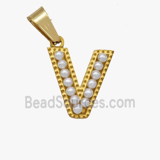 Stainless Steel letter Pendant pave Resin Pearlized Bead, Gold Plated