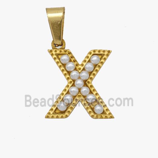 Stainless Steel letter Pendant pave Resin Pearlized Bead, Gold Plated