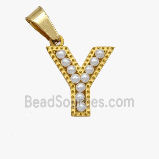 Stainless Steel letter Pendant pave Resin Pearlized Bead, Gold Plated