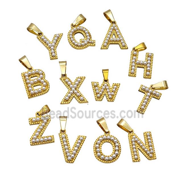 Stainless Steel letter Pendant pave Resin Pearlized Bead, Gold Plated