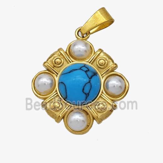 Stainless Steel Pendant pave Turqioise bead, Gold Plated