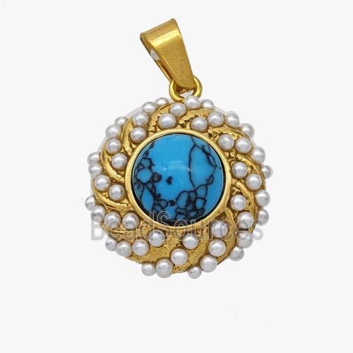 Stainless Steel Pendant pave Turqioise bead, Gold Plated