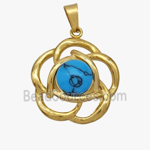 Stainless Steel Pendant pave Turqioise bead, Gold Plated