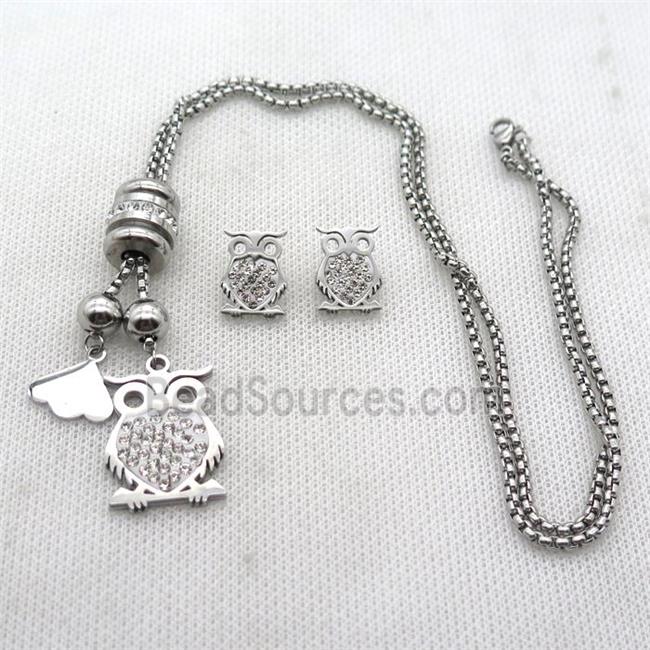 stainless steel necklace and earring, owl, platinum plated