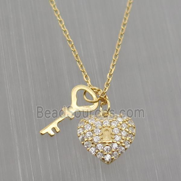 Sterling Silver Necklace pave zircon, heart-key, gold plated