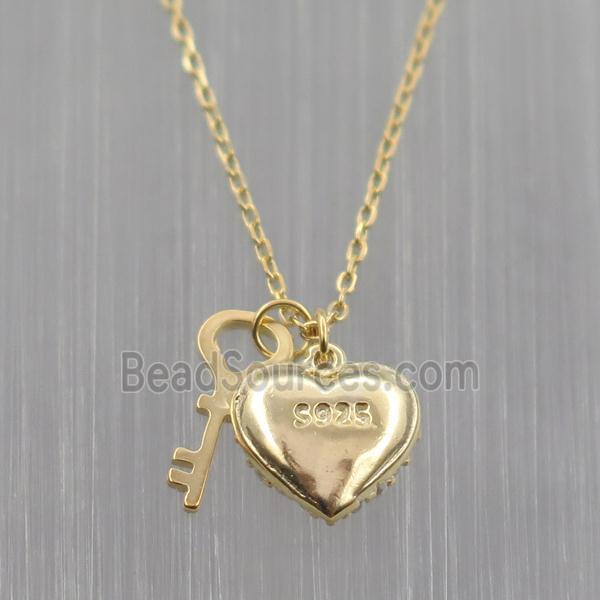 Sterling Silver Necklace pave zircon, heart-key, gold plated