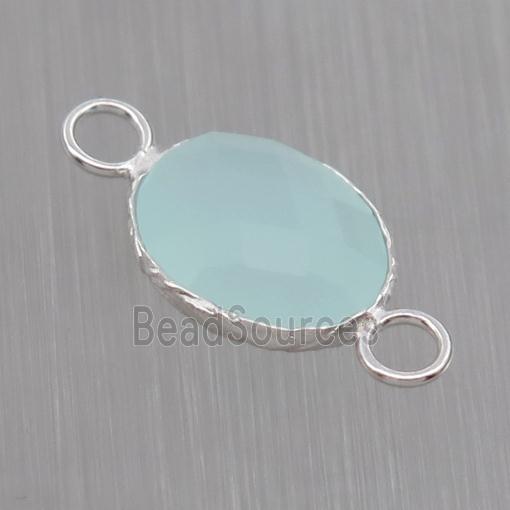 Sterling Silver connector with aqua Crystal Glass, oval, platinum plated