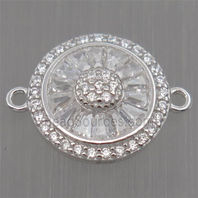 Sterling Silver sunflower connector paved zircon, platinum plated