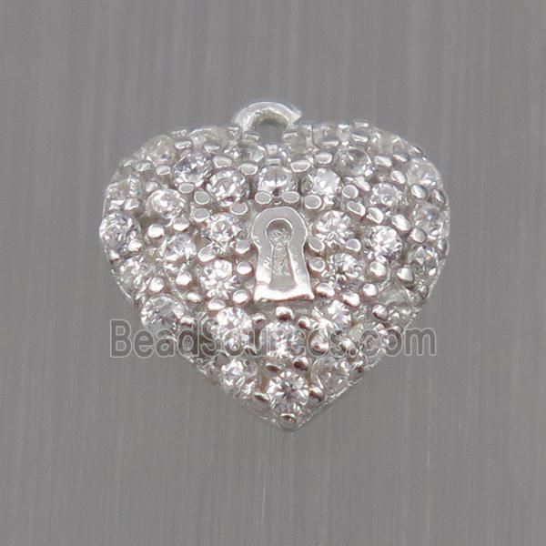 Sterling Silver heart pendant paved zircon, platinum plated