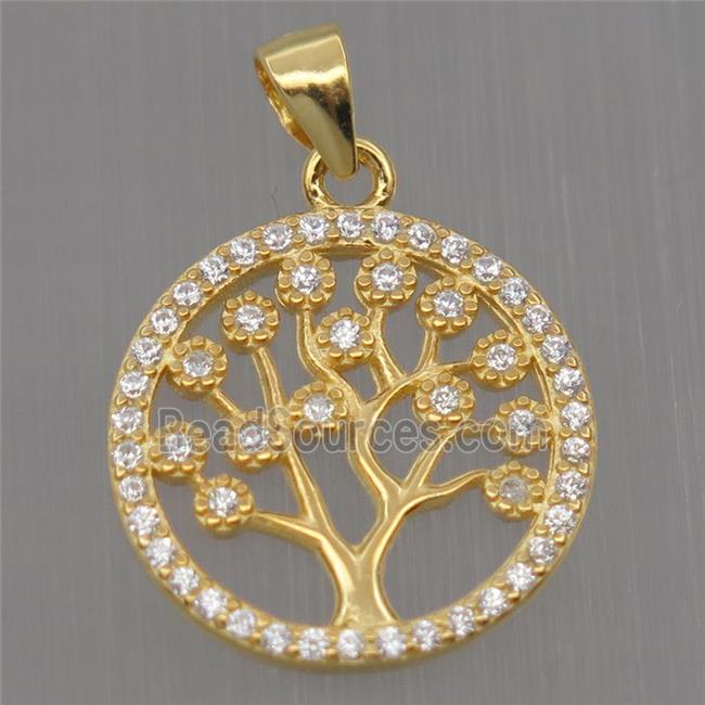 Sterling Silver pendant paved zircon, tree of life, gold plated