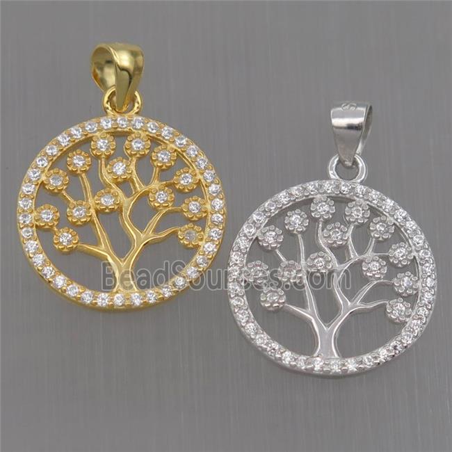 Sterling Silver pendant paved zircon, tree of life, mixed color