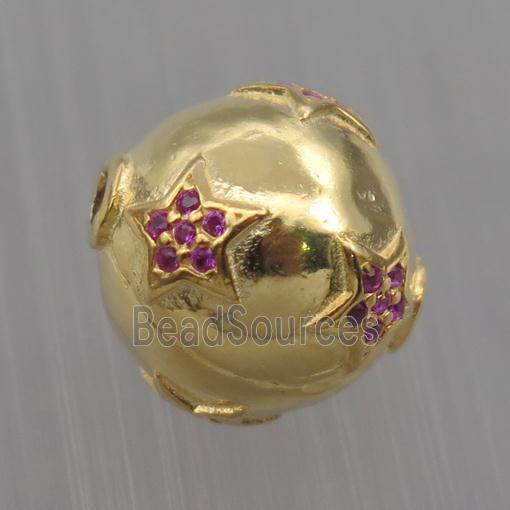 Sterling Silver round beads paved zircon, star, gold plated