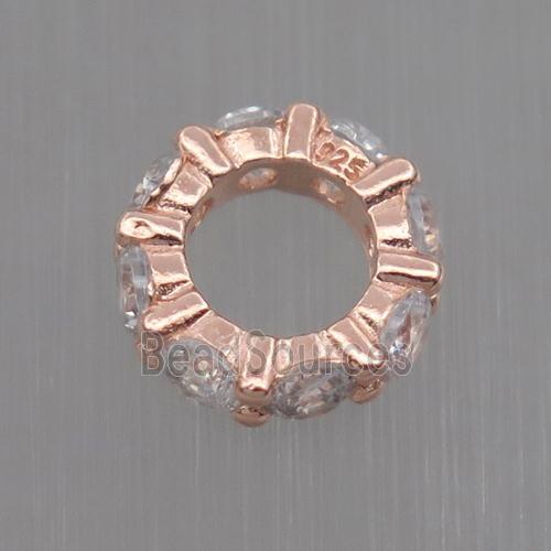 Sterling Silver beads paved zircon, rondelle, rose gold