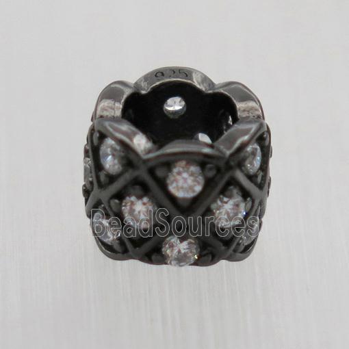 Sterling Silver column beads paved zircon, large hole, black plated