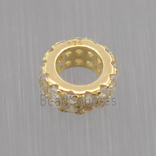 Sterling Silver beads paved zircon, rondelle, gold plated