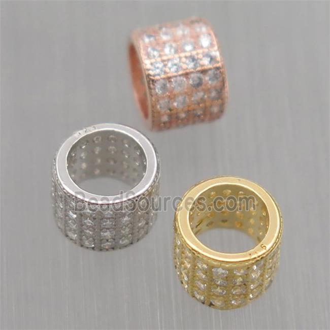 European style Sterling Silver tube beads paved zircon, large hole, mixed color