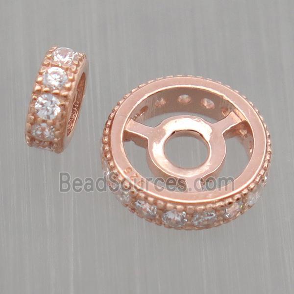 Sterling Silver rondelle beads paved zircon, rose gold