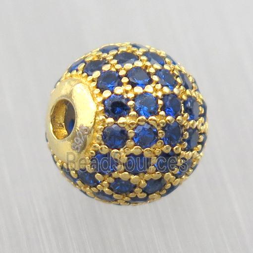 round Sterling Silver beads paved blue zircon, gold plated