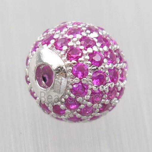 round Sterling Silver beads paved hotpink zircon, platinum plated