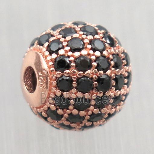 round Sterling Silver beads paved black zircon, rose gold