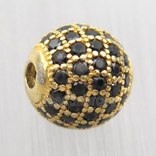 round Sterling Silver beads paved black zircon, gold plated