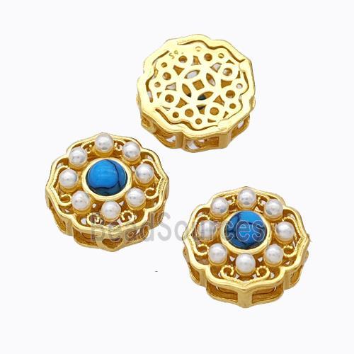 925 Sterling Silver Flower Beads Pave Pearlized Resin Hollow Gold Plated