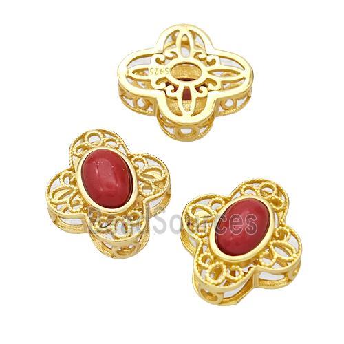 925 Sterling Silver Flower Beads Pave Coral Gold Plated