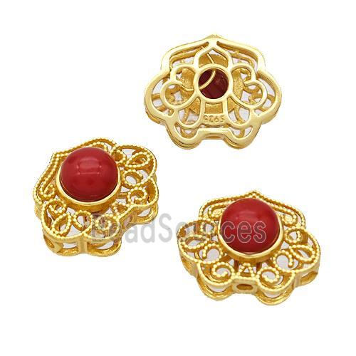 925 Sterling Silver Beads Pave Coral Gold Plated