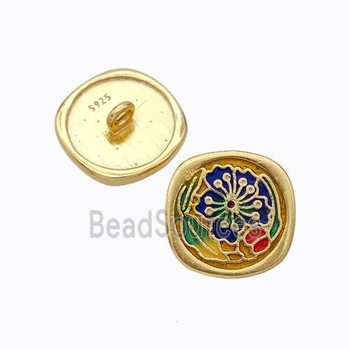 925 Sterling Silver Button Beads Flower Enamel Gold Plated