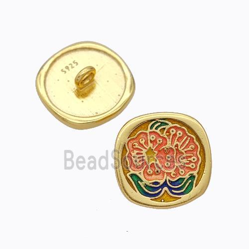 925 Sterling Silver Button Beads Flower Enamel Gold Plated