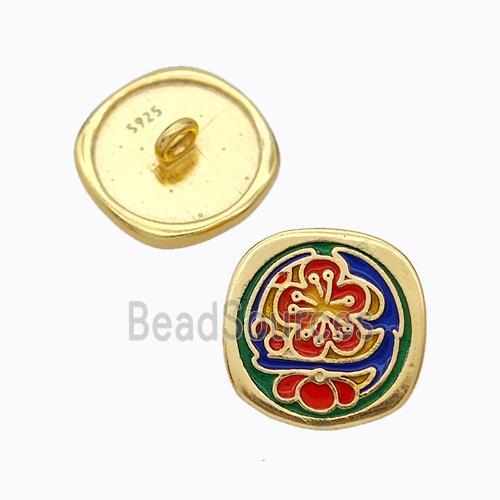 925 Sterling Silver Button Beads Flower Enamel Gold Plated