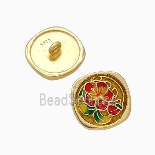 925 Sterling Silver Button Beads Flower Enamel Gold Plated