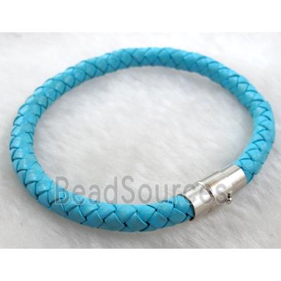 Leather Bracelet, magnetic clasp, blue