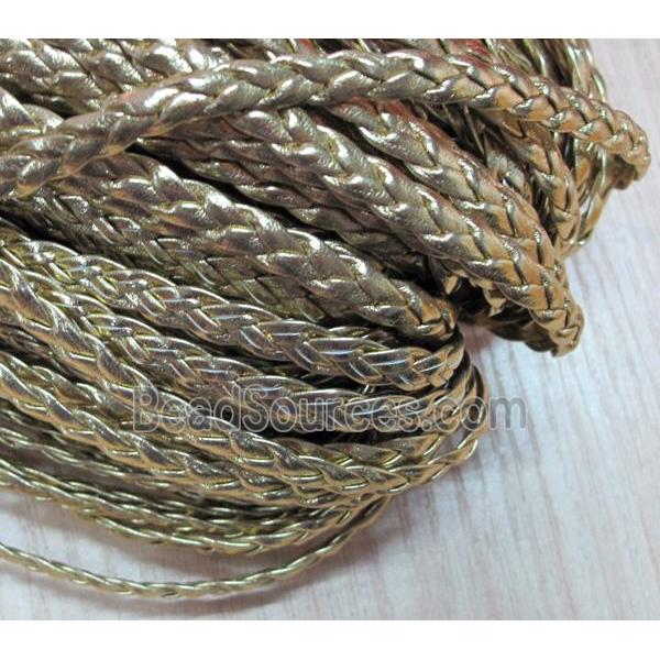 PU leather cord, flat, gold plated, braided