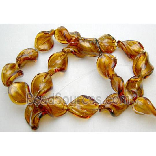 deep Golden Handmade Twist Silver Foil Glass Bead