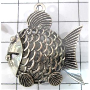 Hollow Tibetan Silver Zinc fish pendant, lead free and nickel free, 38x35mm