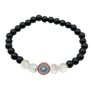 black agate bracelet with evil eye, stretchy, approx 6mm dia