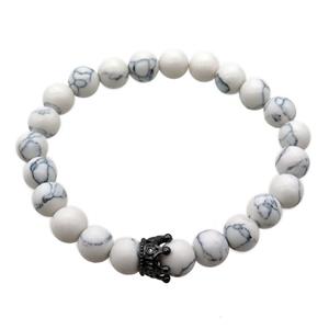 white Howlite Turquoise Bracelet with crown, stretchy, approx 8mm dia