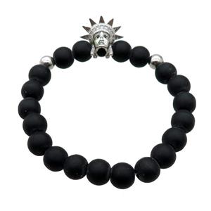 black matte Onyx Agate Bracelet with goddess, stretchy, approx 8mm dia