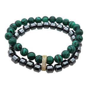 malachite and hematite bracelet, stretchy, approx 8mm, 2Rows