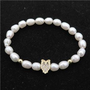 Pearl Bracelet with owl, stretchy, approx 6-7mm