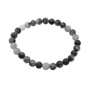 Black Rutilated Quartz Bracelet Stretchy Round, approx 6mm dia