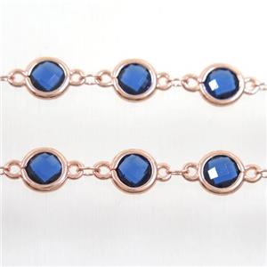 copper chain with blue Chinese crystal glass, rose gold, approx 8mm dia