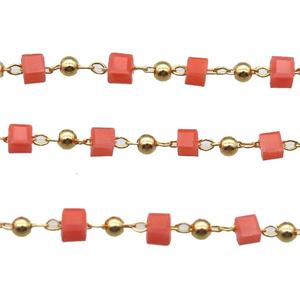 copper chain with red crystal glass cube beads, gold plated, approx 2.5mm