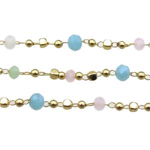 copper chain with crystal glass bead, faceted rondelle, gold plated, approx 2.5mm, 4mm dia