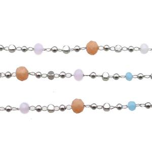 copper chain with crystal glass bead, faceted rondelle, platinum, approx 2.5mm, 4mm dia