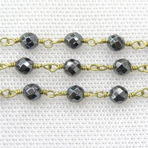 hematite beaded chain, raw brass, approx 8mm dia