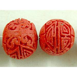 Round Cinnabar (imitation) beads, Carved Flower, vermeil, 11x13mm